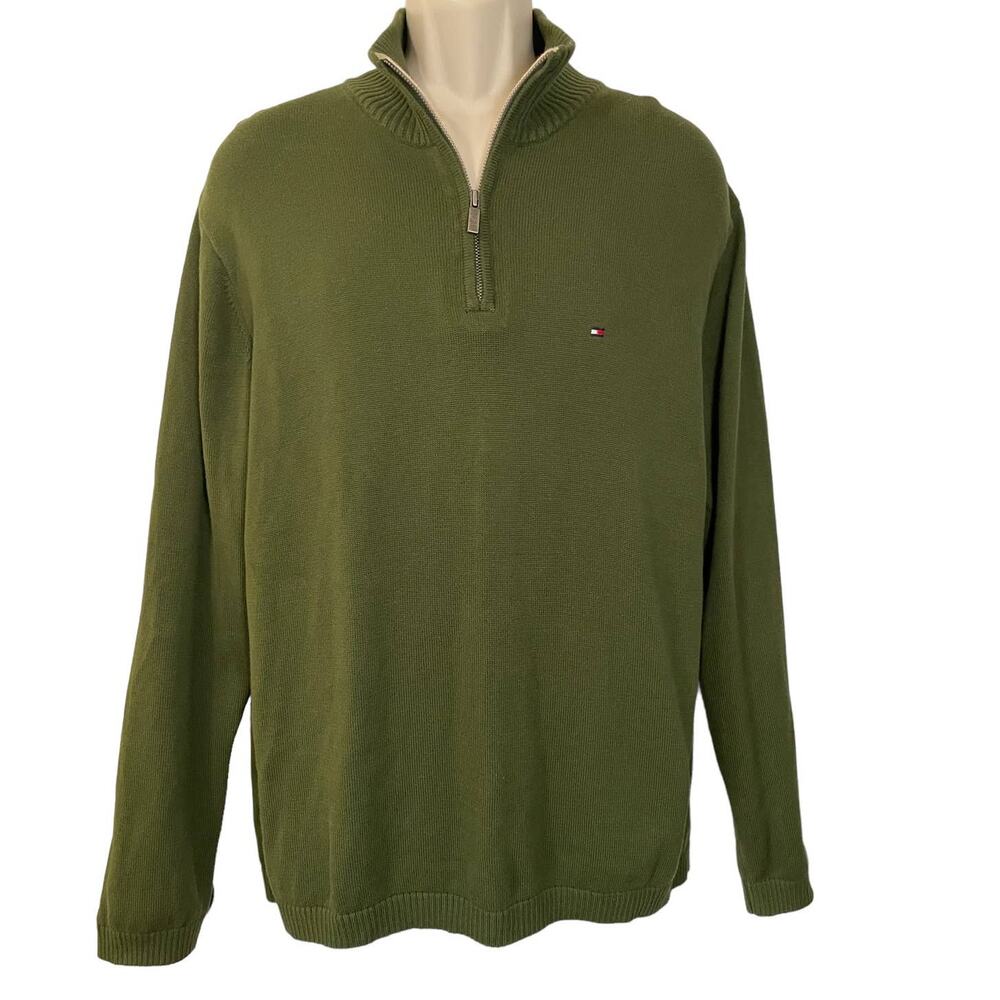 Tommy Hilfiger 1/4 Zip Olive Green Pullover,100% Cotton, Exc Cond, Men's Large‎